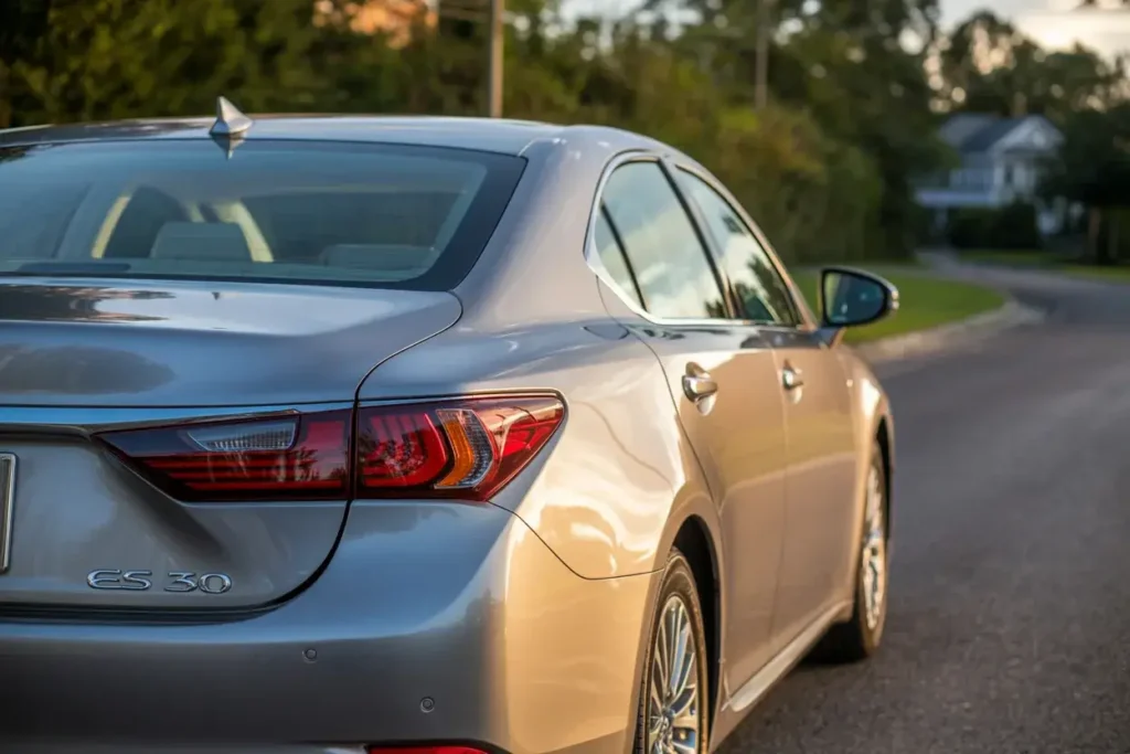 Rear view of Lexus ES 350 sedan highlighting elegant taillights chrome trim and silver paint reflecting warm sunset lighting Rear view of Lexus ES 350 sedan highlighting elegant taillights chrome trim and silver paint reflecting warm sunset lighting