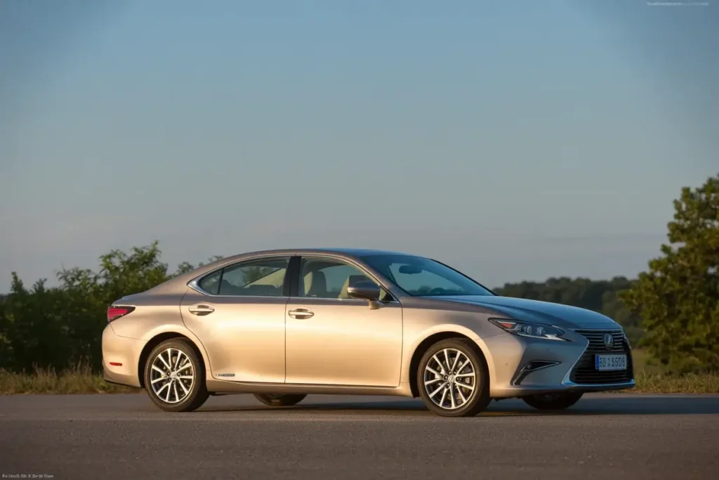 Side exterior view of silver Lexus ES 350 sedan under golden hour sky showcasing elegant roofline alloy wheels and chrome accents Side exterior view of silver Lexus ES 350 sedan under golden hour sky showcasing elegant roofline alloy wheels and chrome accents