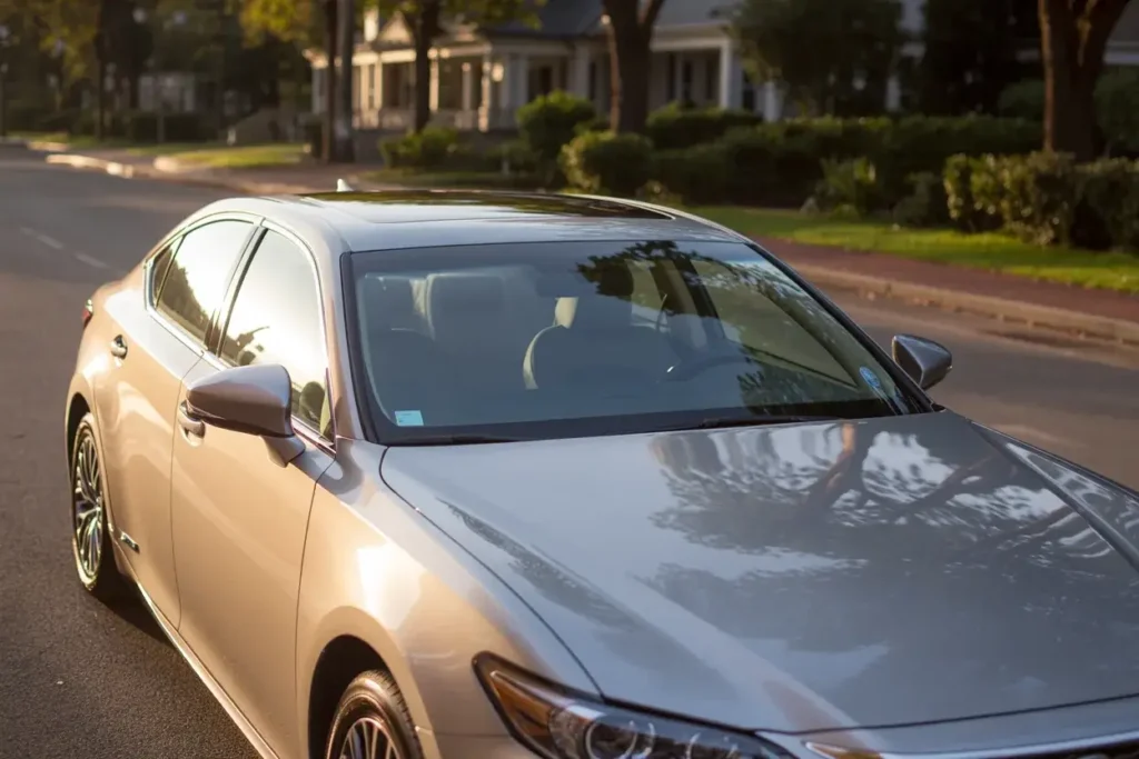 Side profile of silver Lexus ES 350 on quiet suburban street reflecting afternoon sunlight across its refined aerodynamic silhouette Side profile of silver Lexus ES 350 on quiet suburban street reflecting afternoon sunlight across its refined aerodynamic silhouette