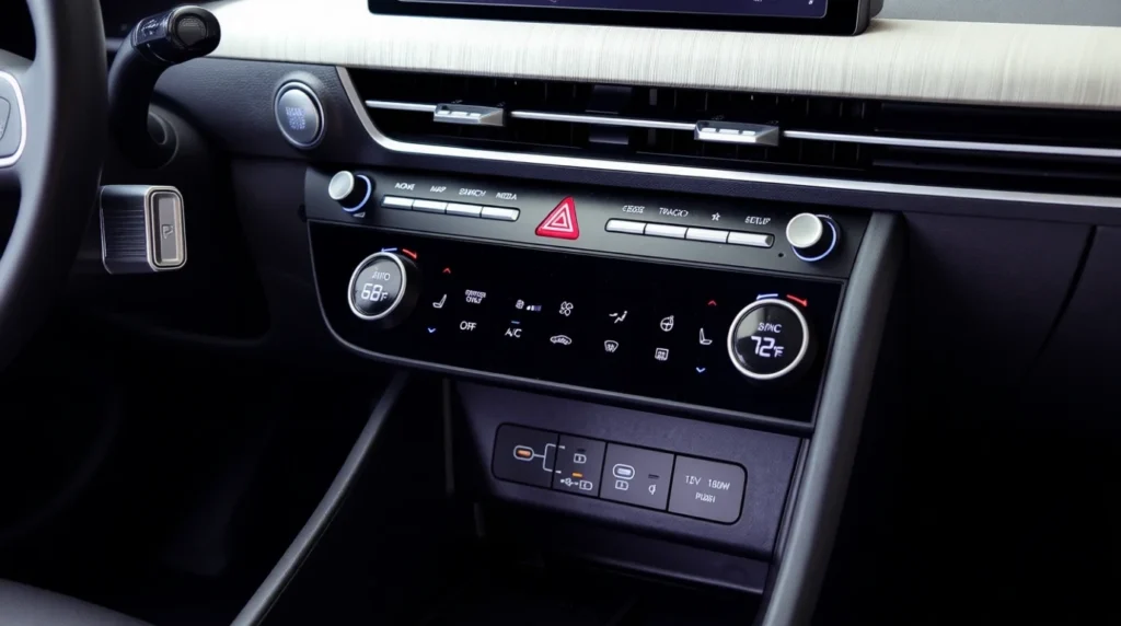 2025 Hyundai Sonata Hybrid center console close up dual zone climate controls hazard button touch panel charging ports soft lit interior cabin 2025 Hyundai Sonata Hybrid center console close up dual zone climate controls hazard button touch panel charging ports soft lit interior cabin