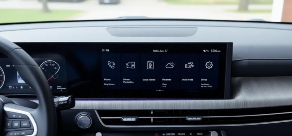 2025 Hyundai Sonata Hybrid dashboard close up widescreen infotainment display with menu icons subtle ambient lighting suburban driveway backdrop 2025 Hyundai Sonata Hybrid dashboard close up widescreen infotainment display with menu icons subtle ambient lighting suburban driveway backdrop