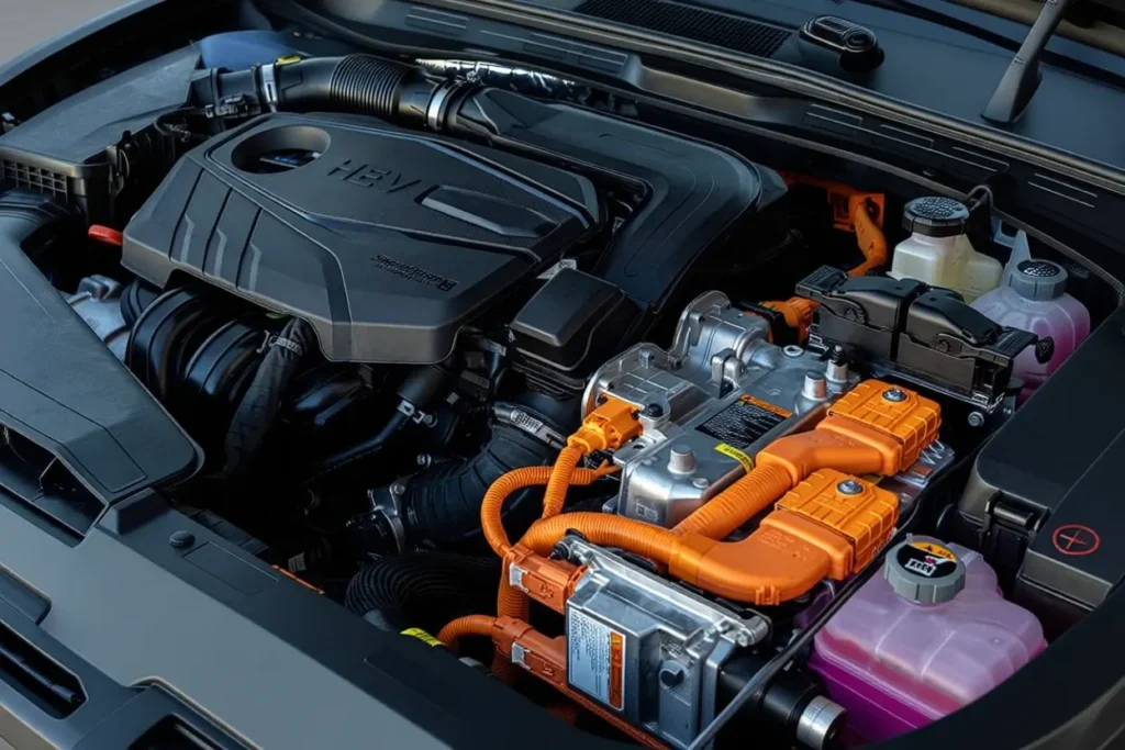 2025 Hyundai Sonata Hybrid engine bay close up hybrid powertrain with orange high voltage cables clean layout clearly labeled components 2025 Hyundai Sonata Hybrid engine bay close up hybrid powertrain with orange high voltage cables clean layout clearly labeled components