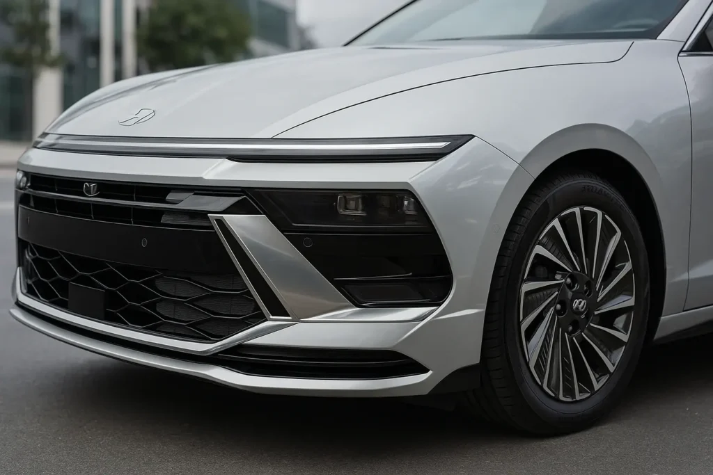 2025 Hyundai Sonata Hybrid front corner detail showing LED headlamp cluster geometric grille pattern sharp bumper accents stylish wheel 2025 Hyundai Sonata Hybrid front corner detail showing LED headlamp cluster geometric grille pattern sharp bumper accents stylish wheel