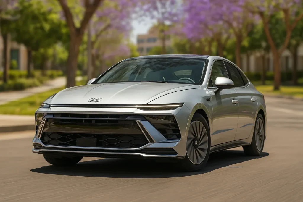 2025 Hyundai Sonata Hybrid front three quarter driving on sunlit boulevard jacaranda trees continuous LED bar aerodynamic nose 2025 Hyundai Sonata Hybrid front three quarter driving on sunlit boulevard jacaranda trees continuous LED bar aerodynamic nose