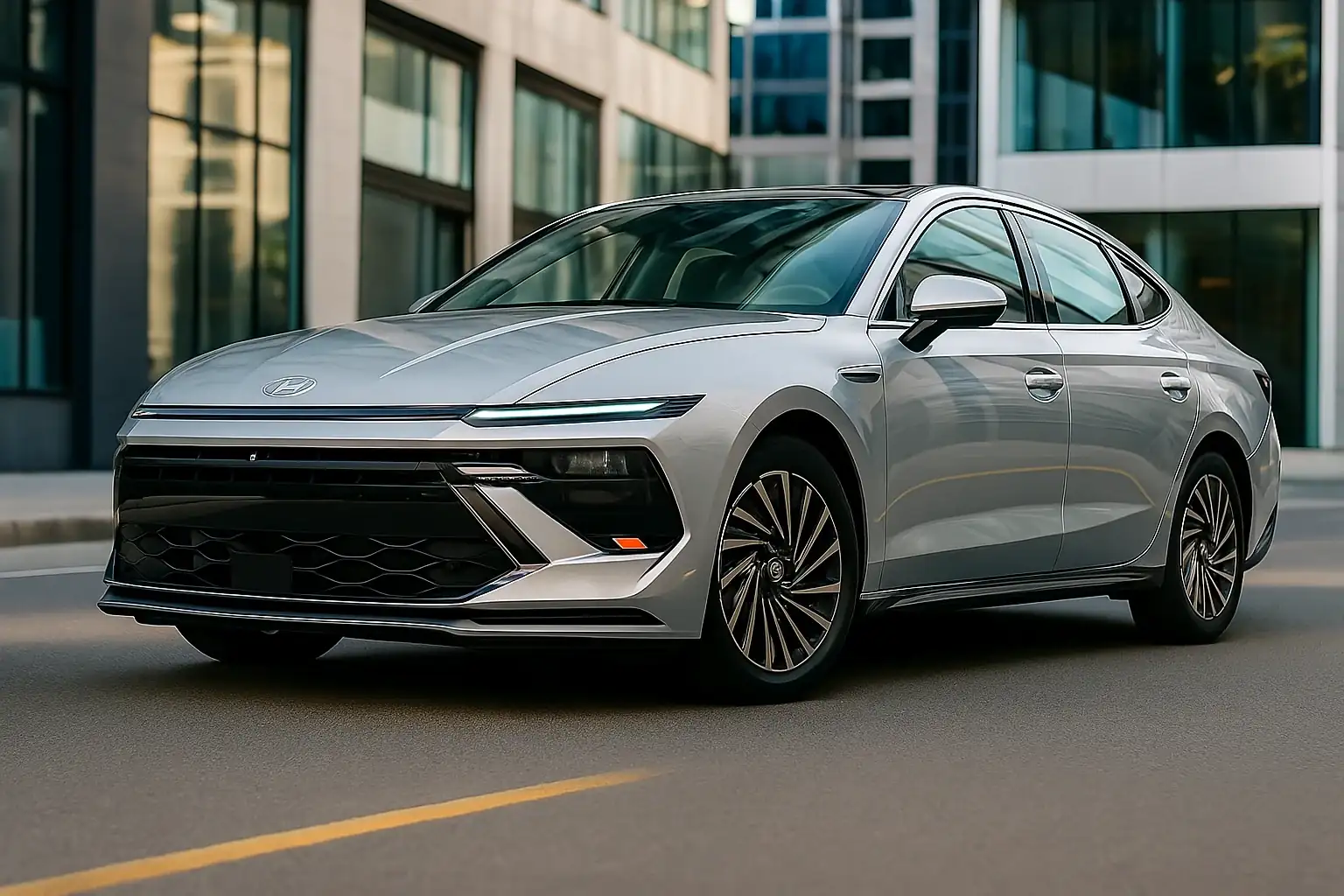 2025 hyundai sonata hybrid front three quarter in downtown street, silver sedan, slim led headlights, black grille, aerodynamic profile.
