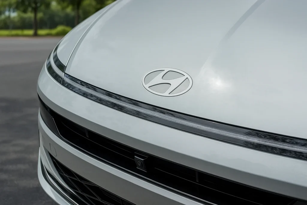 2025 Hyundai Sonata Hybrid hood close up highlighting new emblem slim LED light bar clean silver paint finish 2025 Hyundai Sonata Hybrid hood close up highlighting new emblem slim LED light bar clean silver paint finish