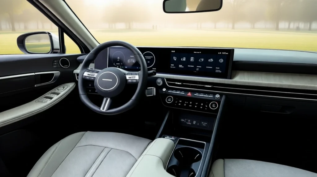 2025 Hyundai Sonata Hybrid interior driver side angle beige leather seats dual widescreen infotainment foggy park background premium controls 2025 Hyundai Sonata Hybrid interior driver side angle beige leather seats dual widescreen infotainment foggy park background premium controls