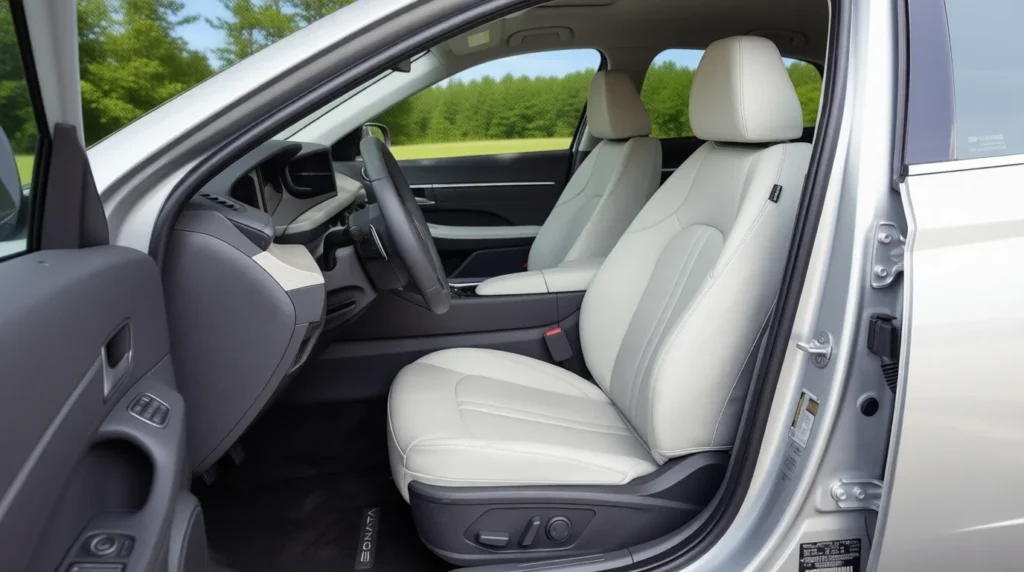 2025 Hyundai Sonata Hybrid interior side view with light beige front seats door open countryside background power seat controls 2025 Hyundai Sonata Hybrid interior side view with light beige front seats door open countryside background power seat controls