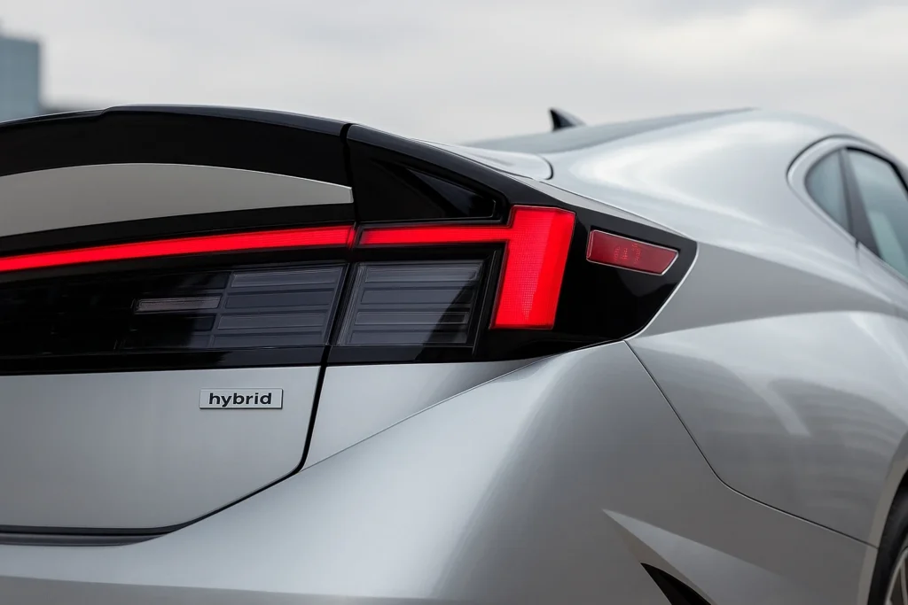 2025 Hyundai Sonata Hybrid rear quarter detail showing red LED taillight signature and hybrid badge against metallic silver paint 2025 Hyundai Sonata Hybrid rear quarter detail showing red LED taillight signature and hybrid badge against metallic silver paint