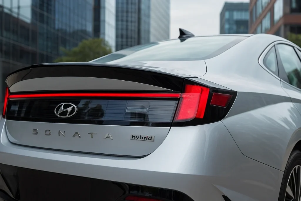 2025 Hyundai Sonata Hybrid rear three quarter in urban setting continuous light bar SONATA lettering gloss black trim surrounding taillights 2025 Hyundai Sonata Hybrid rear three quarter in urban setting continuous light bar SONATA lettering gloss black trim surrounding taillights