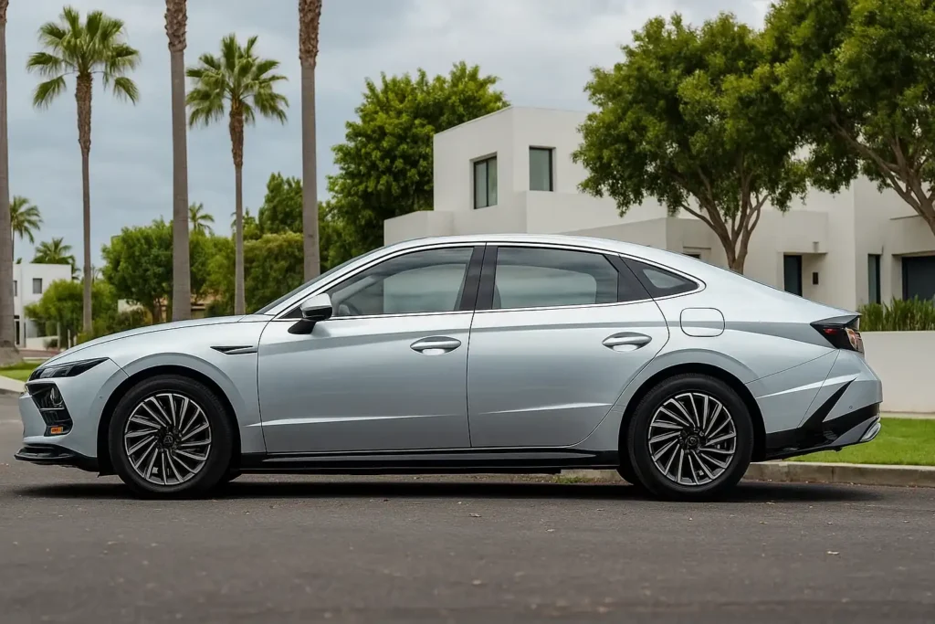 2025 Hyundai Sonata Hybrid side profile silver fastback sedan with aero wheels suburban neighborhood palm trees sleek roofline emphasized 2025 Hyundai Sonata Hybrid side profile silver fastback sedan with aero wheels suburban neighborhood palm trees sleek roofline emphasized