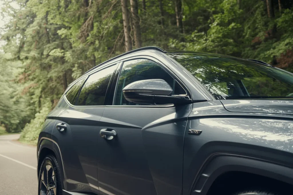 2025 Hyundai Tucson in Amazon Gray tight side profile crop showing mirror window line and forest roadside reflections 2025 Hyundai Tucson in Amazon Gray tight side profile crop showing mirror window line and forest roadside reflections
