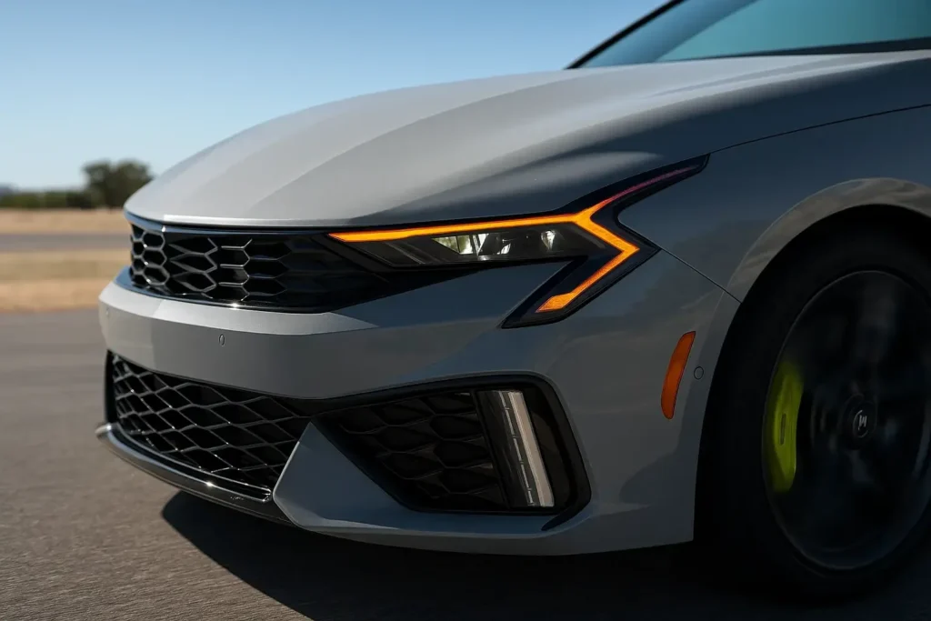 2025 Kia K5 GT front quarter close up showing amber LED DRL signature gray paint black grille 2025 Kia K5 GT front quarter close up showing amber LED DRL signature gray paint black grille