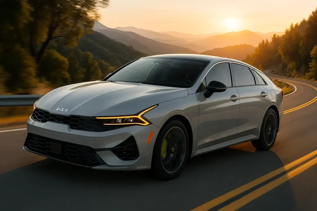 2025 Kia K5 GT front three quarter on winding mountain road at sunset gray sedan with LED headlights