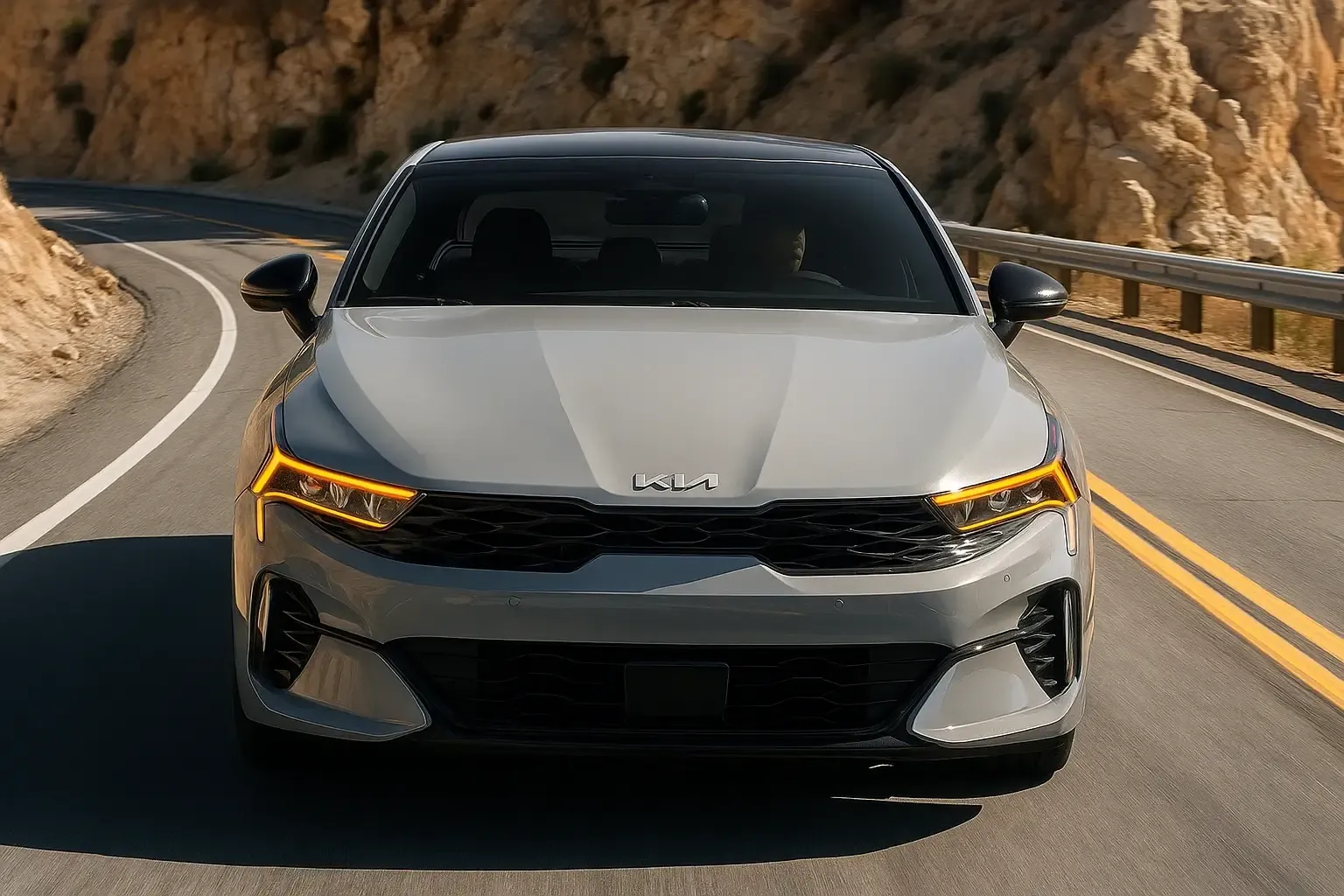 2025 kia k5 gt front view driving through canyon curves, gray midsize sedan with led headlights and black mirrors.