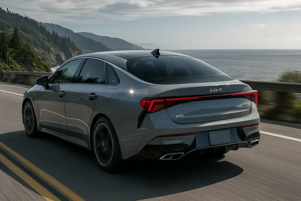 2025 Kia K5 GT rear three quarter driving along coastal highway gray sport sedan with LED taillight strip and diffuser 2025 Kia K5 GT rear three quarter driving along coastal highway gray sport sedan with LED taillight strip and diffuser