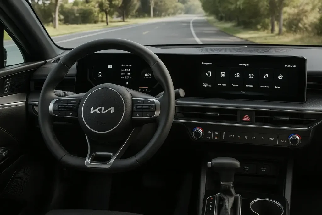2025 Kia K5 drivers perspective close up featuring leather wrapped steering wheel digital display climate controls and scenic road view 2025 Kia K5 drivers perspective close up featuring leather wrapped steering wheel digital display climate controls and scenic road view