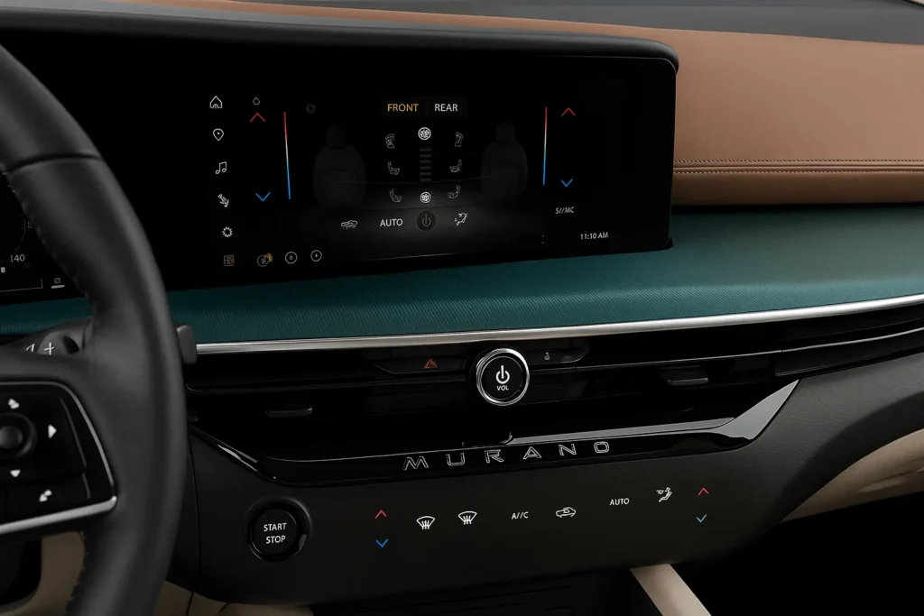 2025 Nissan Murano close up front dashboard view showing digital climate touchscreen teal trim tan leather and Murano badge 2025 Nissan Murano close up front dashboard view showing digital climate touchscreen teal trim tan leather and Murano badge