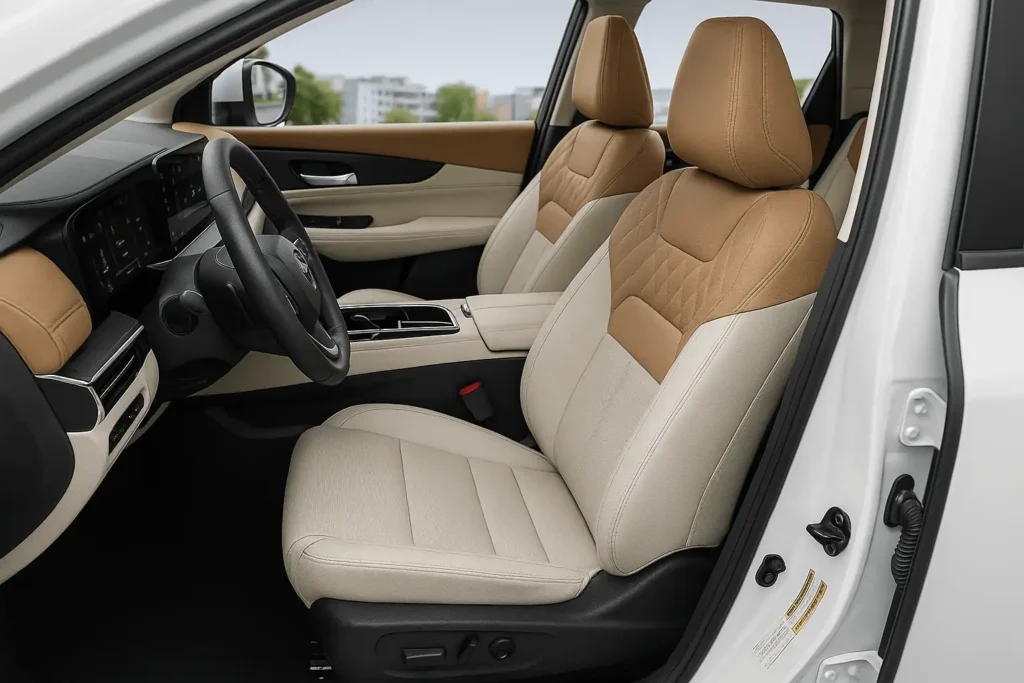 2025 Nissan Murano front seats side view highlighting two tone tan and beige upholstery with quilted inserts and urban backdrop 2025 Nissan Murano front seats side view highlighting two tone tan and beige upholstery with quilted inserts and urban backdrop