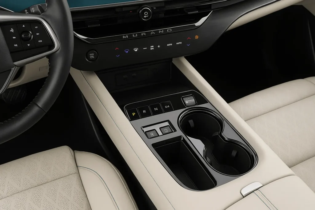 2025 Nissan Murano interior close up of center console with electronic shifter buttons twin cupholders and stitched beige seats 2025 Nissan Murano interior close up of center console with electronic shifter buttons twin cupholders and stitched beige seats