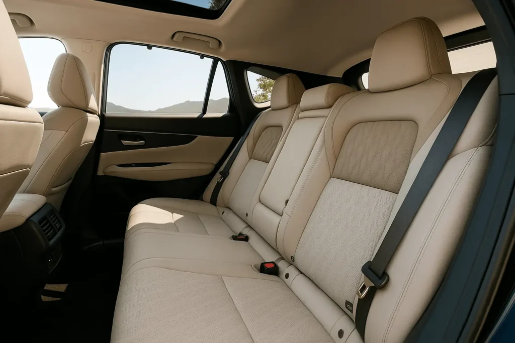 2025 Nissan Murano rear seat side view with quilted beige leather upholstery panoramic sunroof and bright mountain landscape outside 2025 Nissan Murano rear seat side view with quilted beige leather upholstery panoramic sunroof and bright mountain landscape outside