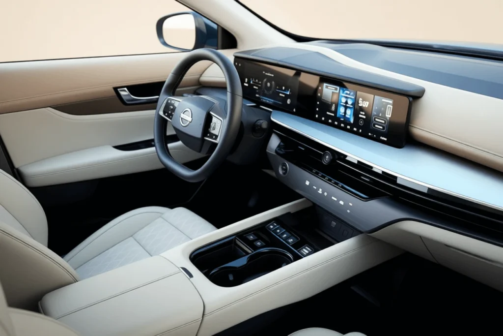 2025 Nissan Murano wide front cabin angle showing dual screen infotainment display light leather seats and sleek blue accent dashboard 2025 Nissan Murano wide front cabin angle showing dual screen infotainment display light leather seats and sleek blue accent dashboard