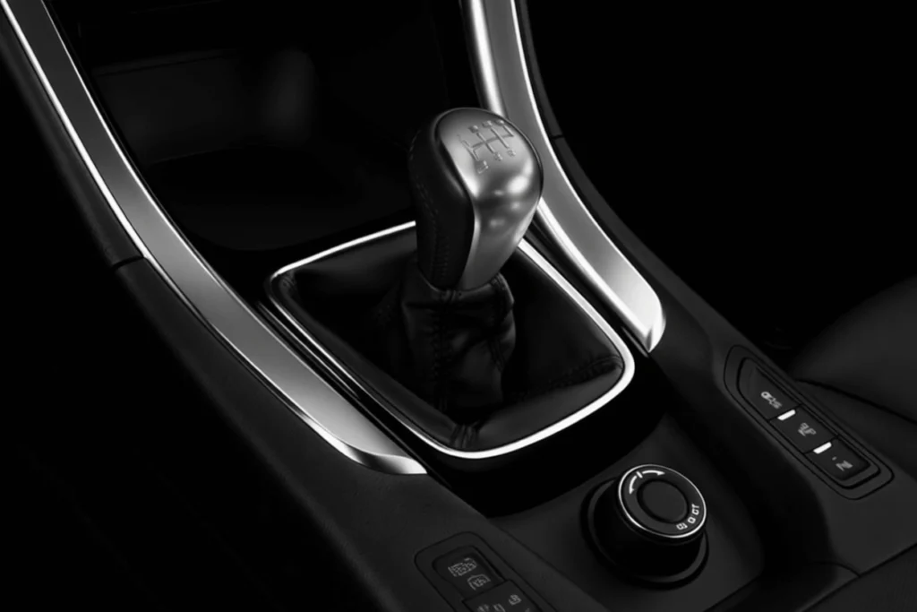 Angled close up of 2016 Chevrolet SS manual gear shifter silver trim and leather boot contrasting against dark center console Angled close up of 2016 Chevrolet SS manual gear shifter silver trim and leather boot contrasting against dark center console