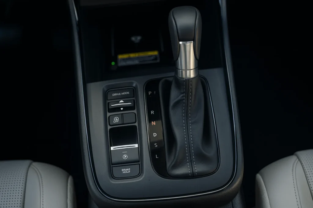 Center console close up of 2025 Honda CR V showing automatic gear shifter drive mode buttons and perforated leather seats Center console close up of 2025 Honda CR V showing automatic gear shifter drive mode buttons and perforated leather seats