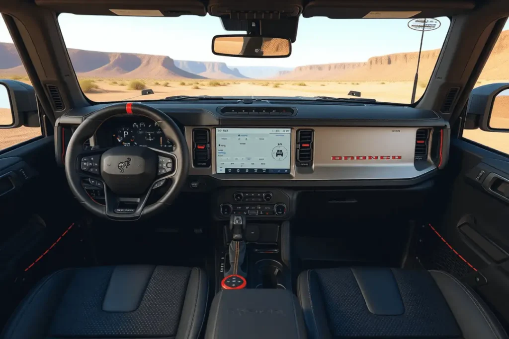 Centered dashboard view of the 2025 Ford Bronco Raptor featuring large touchscreen leather trim and panoramic desert horizon through windshield Centered dashboard view of the 2025 Ford Bronco Raptor featuring large touchscreen leather trim and panoramic desert horizon through windshield