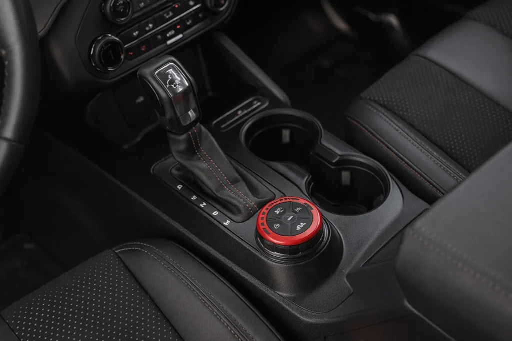 Close up console view inside the 2025 Ford Bronco Raptor showcasing gear shifter G.O.A.T. mode dial and rugged interior design elements Close up console view inside the 2025 Ford Bronco Raptor showcasing gear shifter G.O.A.T. mode dial and rugged interior design elements