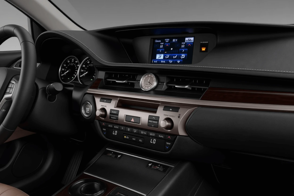 Close up dashboard angle inside 2013 Lexus ES 350 focusing on analog clock dual zone climate controls and infotainment display screen Close up dashboard angle inside 2013 Lexus ES 350 focusing on analog clock dual zone climate controls and infotainment display screen