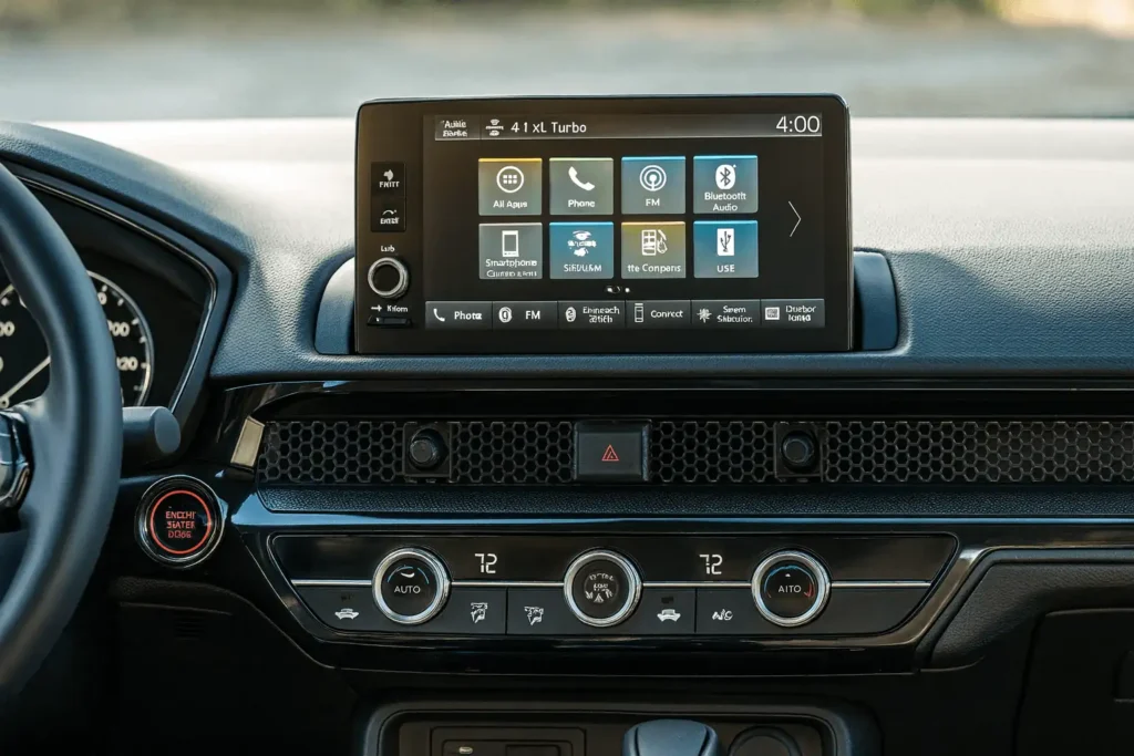 Close up dashboard view of 2025 Honda CR V infotainment system featuring touchscreen display climate controls and honeycomb air vents Close up dashboard view of 2025 Honda CR V infotainment system featuring touchscreen display climate controls and honeycomb air vents