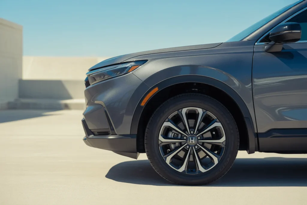 Close up front side angle of 2025 Honda CR V highlighting gray paint sculpted fender multi spoke alloy wheel design Close up front side angle of 2025 Honda CR V highlighting gray paint sculpted fender multi spoke alloy wheel design