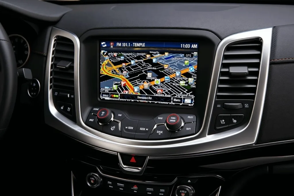 Close up of 2016 Chevrolet SS MyLink navigation screen silver trimmed center stack showing detailed city map and radio information Close up of 2016 Chevrolet SS MyLink navigation screen silver trimmed center stack showing detailed city map and radio information