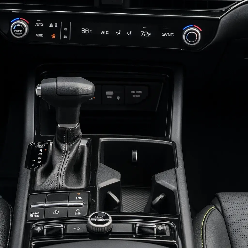 Close up of 2025 Kia K5 center console featuring automatic gear shifter dual zone climate controls and modern interior design Close up of 2025 Kia K5 center console featuring automatic gear shifter dual zone climate controls and modern interior design