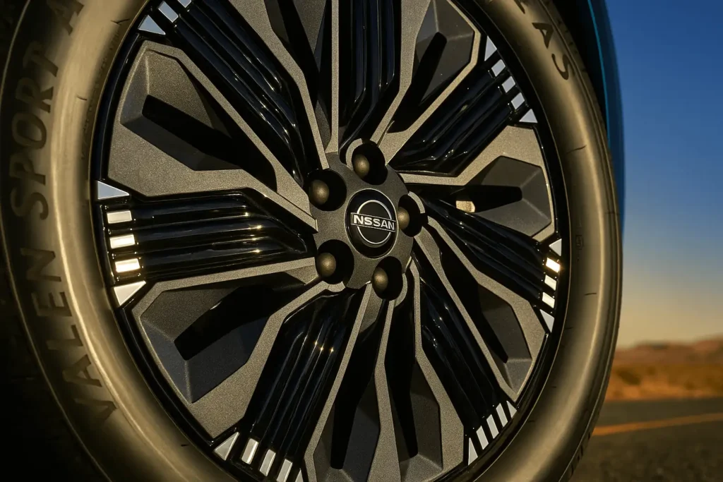 Close up of 2025 Nissan Murano Platinum alloy wheel showing intricate spoke design and performance all season tire sidewall Close up of 2025 Nissan Murano Platinum alloy wheel showing intricate spoke design and performance all season tire sidewall