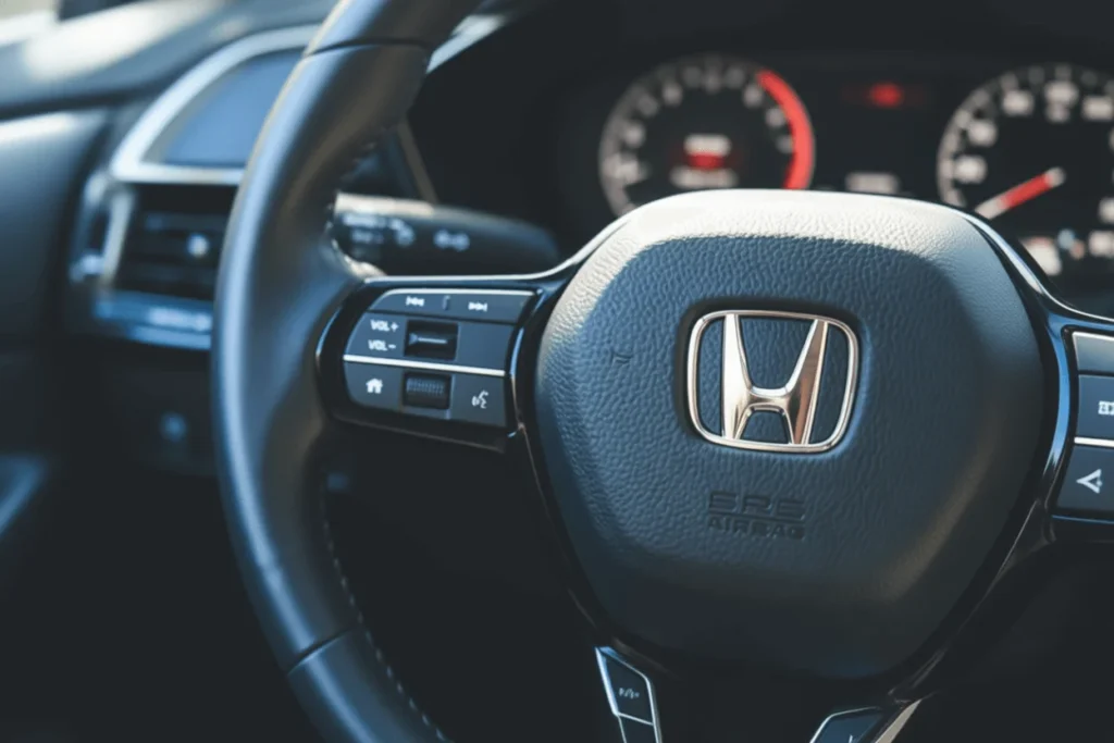 Detail shot of 2025 Honda CR V steering wheel from driver angle highlighting audio controls and illuminated gauge cluster Detail shot of 2025 Honda CR V steering wheel from driver angle highlighting audio controls and illuminated gauge cluster