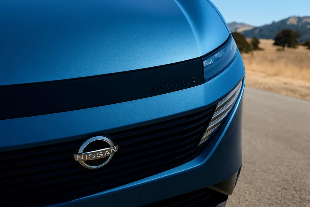 Detail shot of 2025 Nissan Murano Platinum front grille and hood badge on rural road emphasizing metallic blue paint finish Detail shot of 2025 Nissan Murano Platinum front grille and hood badge on rural road emphasizing metallic blue paint finish