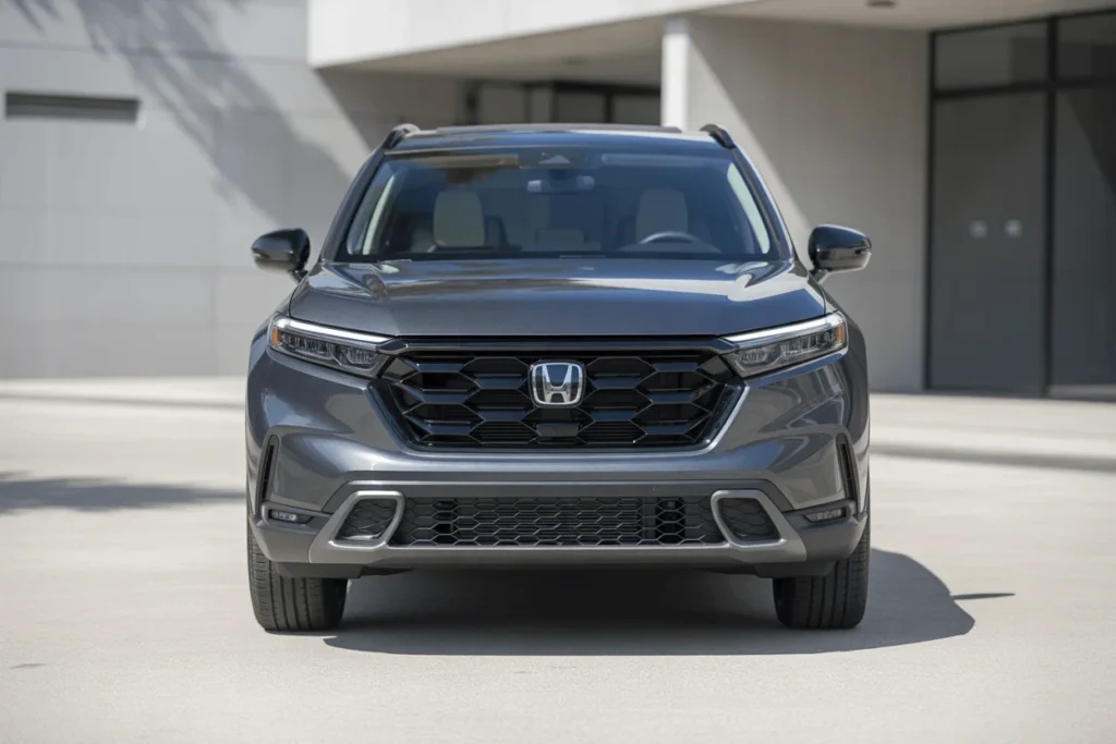 Direct front view of 2025 Honda CR V parked in modern courtyard emphasizing hexagonal grille slim LED headlights upright stance Direct front view of 2025 Honda CR V parked in modern courtyard emphasizing hexagonal grille slim LED headlights upright stance