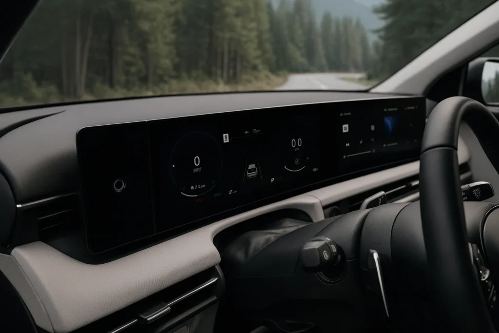 Driver side dashboard close up in 2025 Hyundai Tucson dual digital displays glowing softly framed by trees through windshield Driver side dashboard close up in 2025 Hyundai Tucson dual digital displays glowing softly framed by trees through windshield