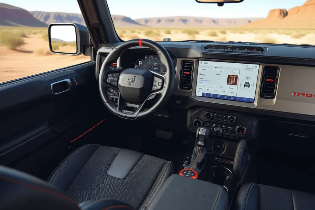 Driver side interior view of the 2025 Ford Bronco Raptor showing leather steering wheel digital gauges and touchscreen display against a desert backdrop Driver side interior view of the 2025 Ford Bronco Raptor showing leather steering wheel digital gauges and touchscreen display against a desert backdrop