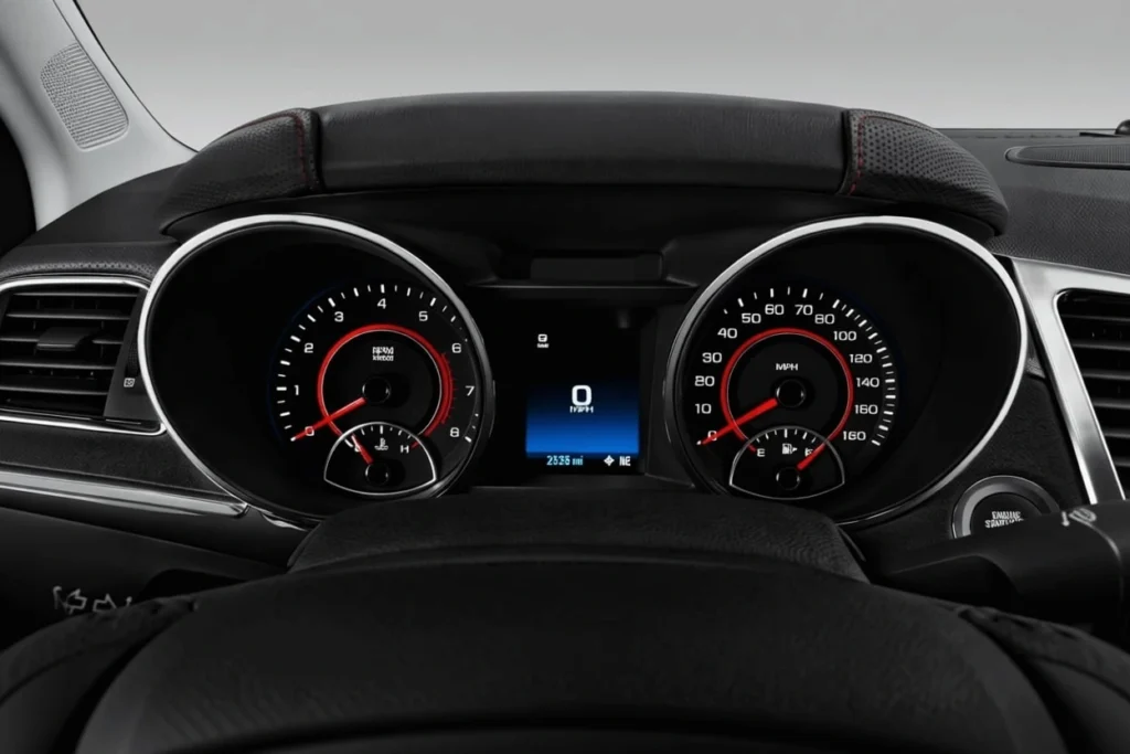 Drivers gauge cluster view in 2016 Chevrolet SS red accent tachometer and speedometer digital display centered between black bezels Drivers gauge cluster view in 2016 Chevrolet SS red accent tachometer and speedometer digital display centered between black bezels