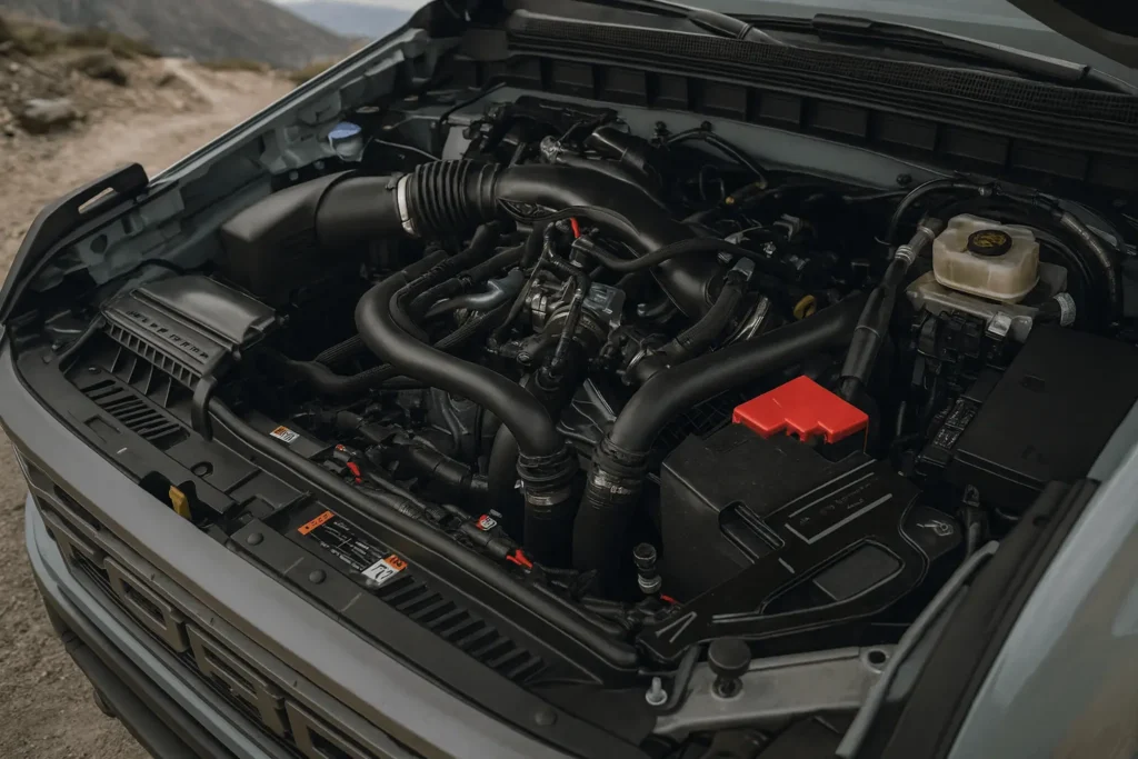 Engine bay view of the 2025 Ford Bronco Raptor showing turbocharged components cooling hoses and rugged off road setting in background Engine bay view of the 2025 Ford Bronco Raptor showing turbocharged components cooling hoses and rugged off road setting in background
