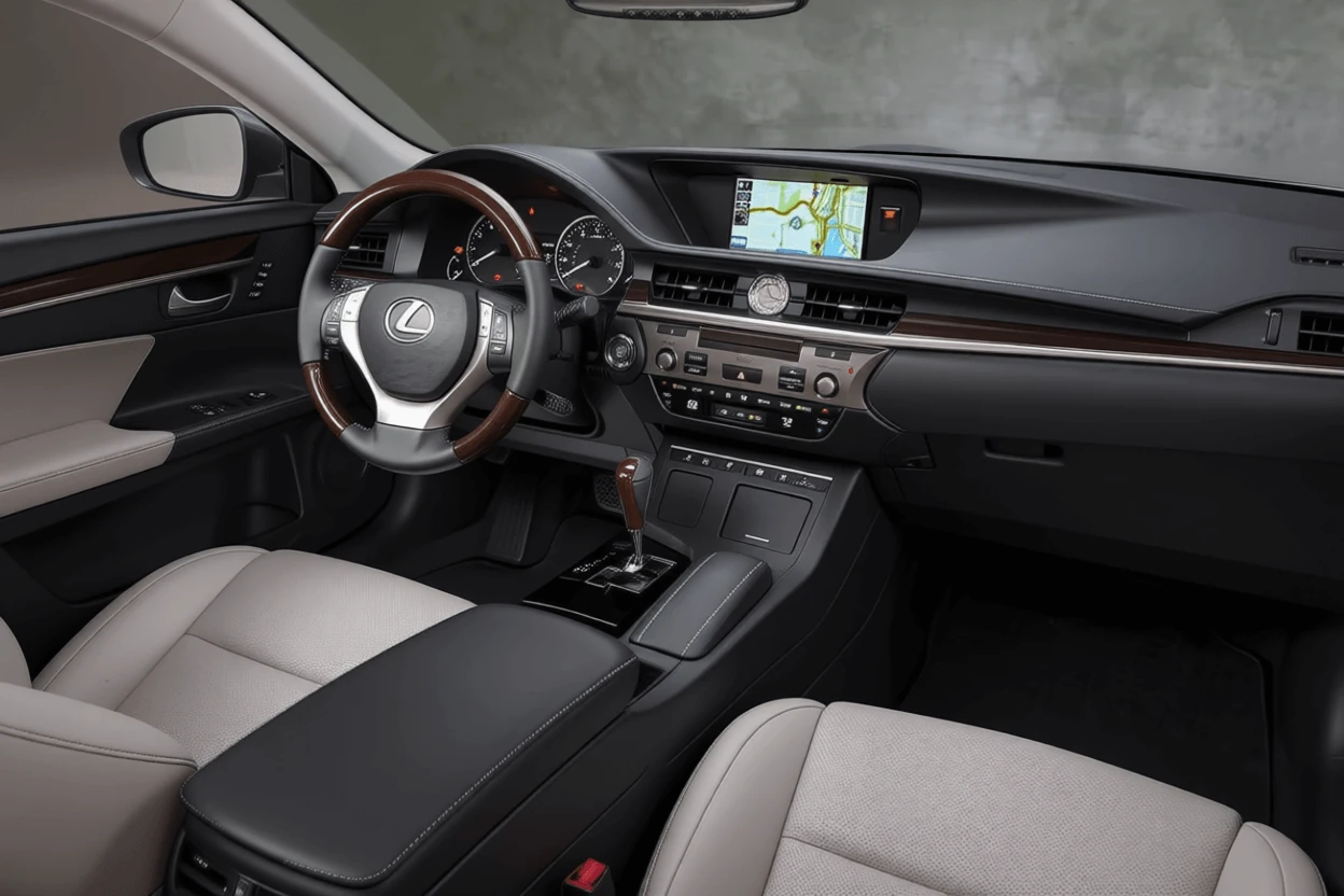 Front cabin view of 2013 Lexus ES 350 showing leather seats wood trim steering wheel navigation screen and center console layout Front cabin view of 2013 Lexus ES 350 showing leather seats wood trim steering wheel navigation screen and center console layout