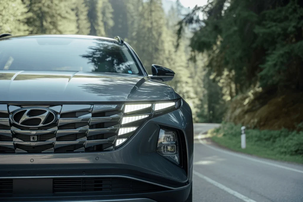 Front close up of 2025 Hyundai Tucson on winding woodland road bright daytime reflections signature LED light bars and grille Front close up of 2025 Hyundai Tucson on winding woodland road bright daytime reflections signature LED light bars and grille