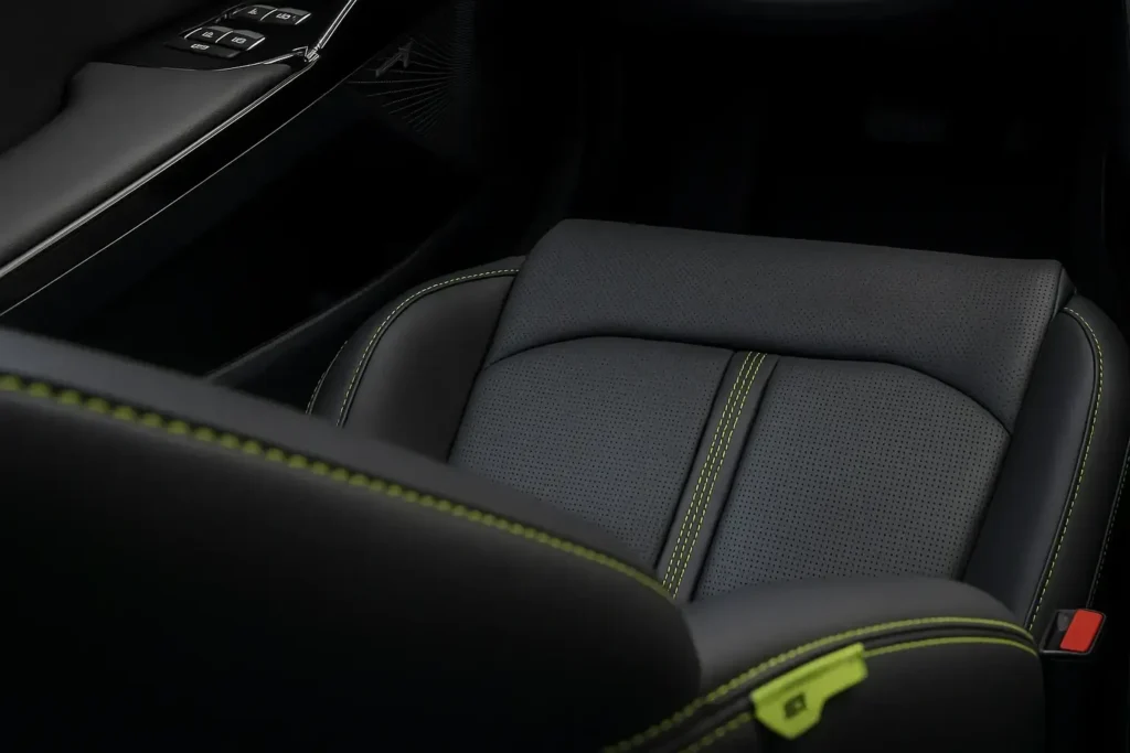 Front seat and door trim of 2025 Kia K5 highlighting black perforated leather with lime green contrast stitching detail Front seat and door trim of 2025 Kia K5 highlighting black perforated leather with lime green contrast stitching detail