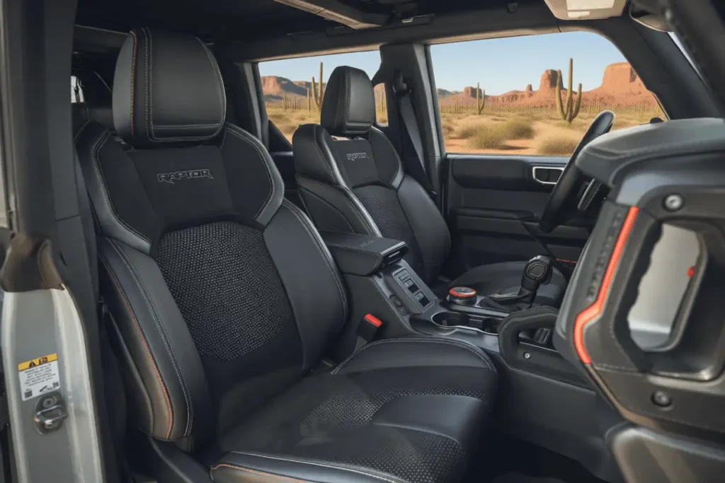 Front seat interior view of the 2025 Ford Bronco Raptor highlighting black leather Raptor seats contrast stitching and open desert scenery outside Front seat interior view of the 2025 Ford Bronco Raptor highlighting black leather Raptor seats contrast stitching and open desert scenery outside