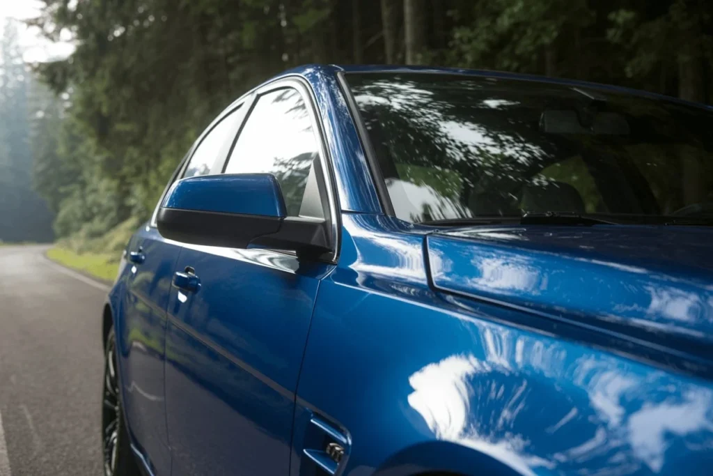 Front side profile of blue 2016 Chevrolet SS showing body lines side mirror reflections cruising along a forest road Front side profile of blue 2016 Chevrolet SS showing body lines side mirror reflections cruising along a forest road