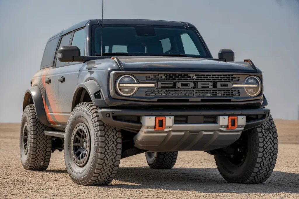 Front three quarter angle of grey 2025 Ford Bronco Raptor with orange tow hooks and off road tires on open desert terrain Front three quarter angle of grey 2025 Ford Bronco Raptor with orange tow hooks and off road tires on open desert terrain