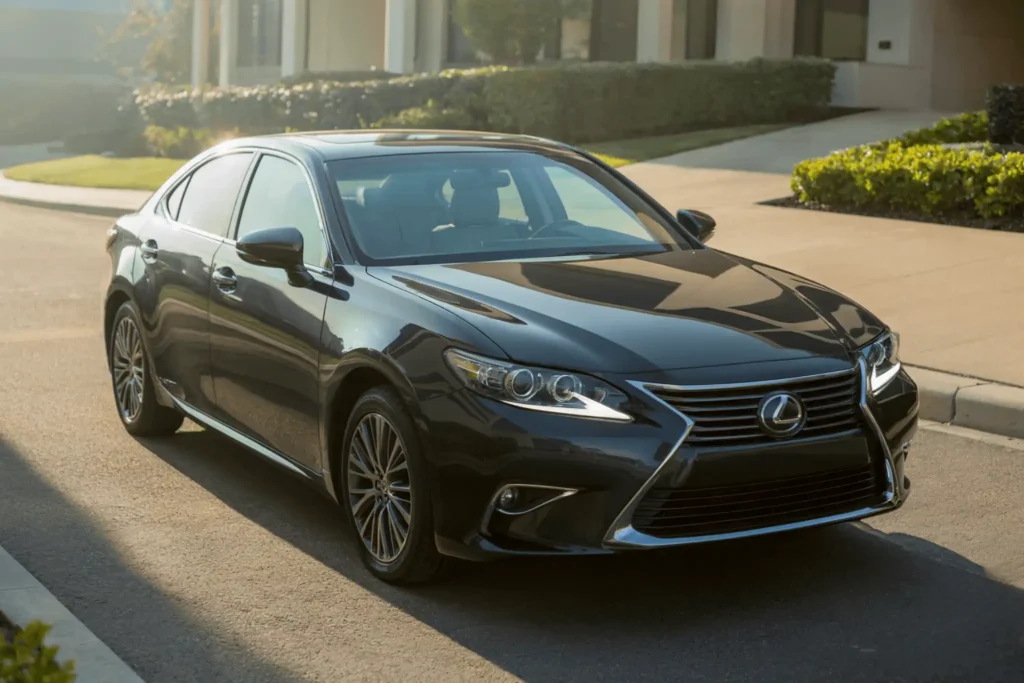 Front three quarter left view of 2013 Lexus ES 350 cruising suburban street highlighting chrome grille and multi spoke alloy wheels Front three quarter left view of 2013 Lexus ES 350 cruising suburban street highlighting chrome grille and multi spoke alloy wheels